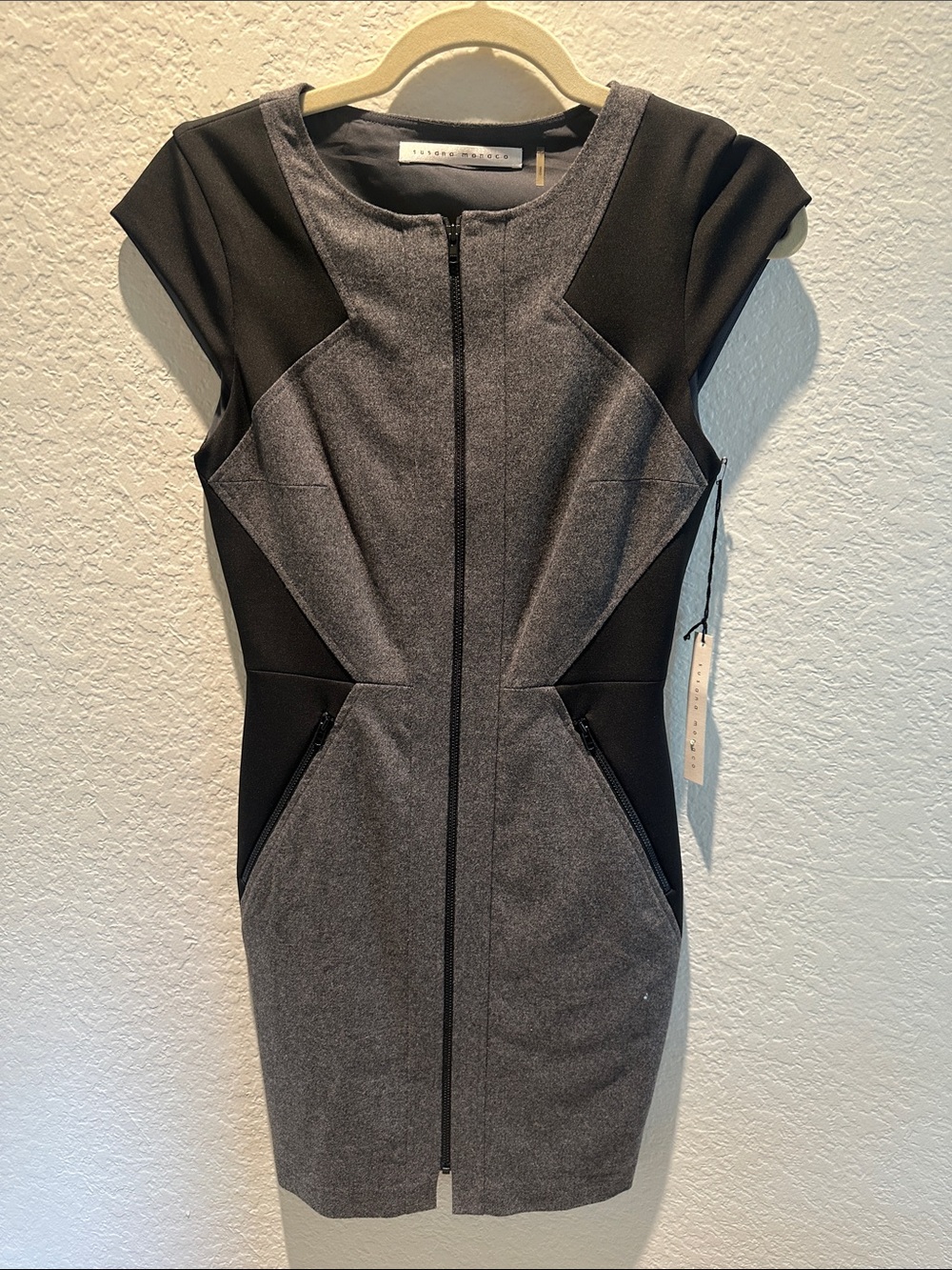 Susana Monaco Gray and Black Zip-Front Sheath Dress